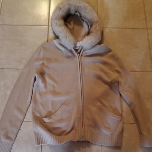 Beige Hooded Silk, Cashmere, Trim Fox Fur  Zip Sweater with Faux Fur Trim